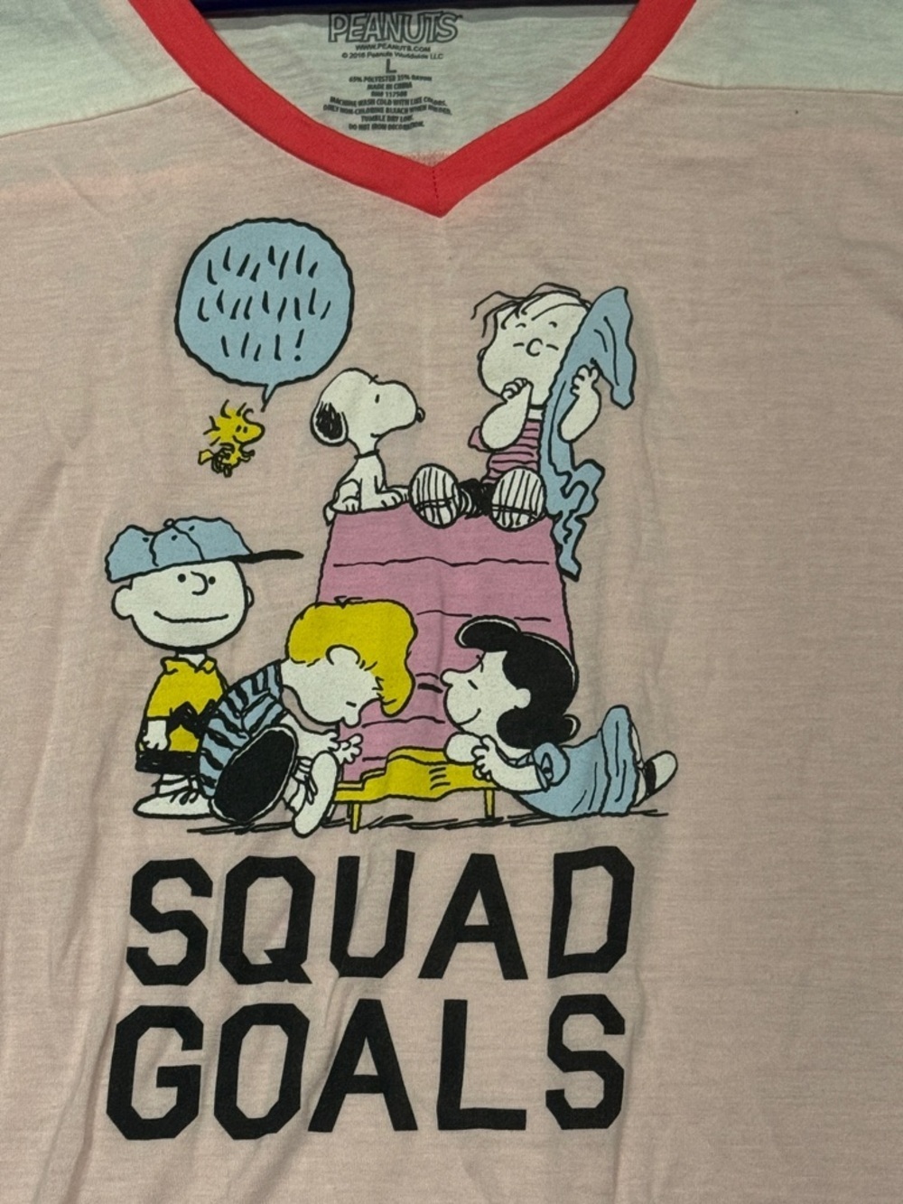 Size Large Peanuts Squad Goals Pink & White V‑Neck Tee - Picture 3 of 6